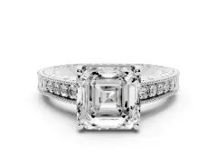 Asscher Cut Diamond Solitaire Pavé Milgrain Engagement Ring Set in Silver with Prong Setting