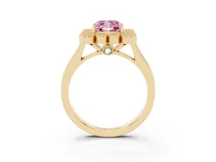 Fancy Pink Cushion Cut Diamond Cluster Halo Ring Set in Yellow gold with Milgrain Bezel Accents and Plain Band
