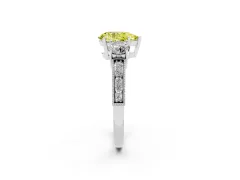Fancy Yellow Pear Cut Diamond Three-Stone Ring Set in White gold with Round Side Stones and Pavé Band