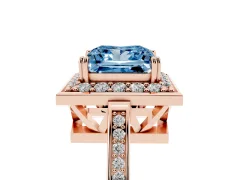 Fancy Blue Princess Cut Diamond Halo Ring Set in Rose gold with Accent-Lined Split Shank and Prong Setting