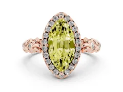 Fancy Yellow Marquise Cut Diamond Halo Ring Set in Rose gold with Filigree Leaf Band and Prong Setting