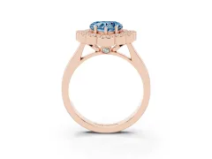 Fancy Blue Heart Cut Diamond Cluster Halo Ring Set in Rose gold with Milgrain Bezel Accents and Plain Band