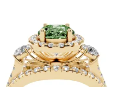 Fancy Green Oval Cut Diamond Halo Split Shank Ring Set in Yellow gold with Round Accent Stones and Prong Setting