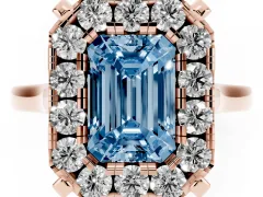 Fancy Blue Emerald Cut Diamond Cluster Halo Solitaire Ring Set in Rose gold with Prong Setting