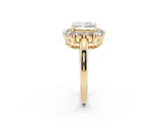 Radiant Cut Diamond Halo Cluster Engagement Ring Set in Yellow gold with Polished Band and Prong Setting