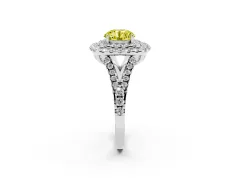 Fancy Yellow Round Cut Diamond Double Halo Ring Set in White gold with Pavé Split Shank and Prong Setting