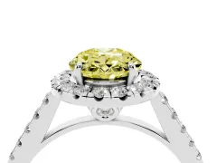 Fancy Yellow Oval Cut Diamond Pavé Halo Engagement Ring Set in White gold with Pavé Band and Prong Setting