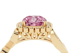 Fancy Pink Cushion Cut Diamond Halo Ring Set in Yellow gold with Leaf Motif Split Shank and Prong Setting