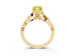 Fancy Yellow Cushion Cut Diamond Vine Band Solitaire Ring Set in Yellow gold with Milgrain Prong Setting