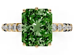 Fancy Green Radiant Cut Diamond Solitaire Engagement Ring Set in Yellow gold with Pavé Band and Prong Setting