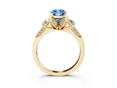 Fancy Blue Cushion Cut Diamond Three-Stone Ring Set in Yellow gold with Pavé Band and Smaller Side Stones