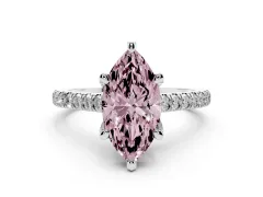 Fancy Pink Marquise Cut Diamond Solitaire Ring Set in Platinum with Brilliant Pavé Band and Prong Setting