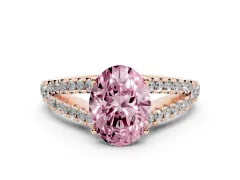 Fancy Pink Oval Cut Diamond Split Shank Pavé Engagement Ring Set in Rose gold with Prong-Held Center Stone
