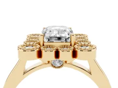Emerald Cut Diamond Cluster Halo Ring Set in Yellow gold with Milgrain Bezel Accents and Plain Band
