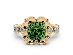 Fancy Green Cushion Cut Diamond Floral Halo Ring Set in Yellow gold with Shared Prong Band
