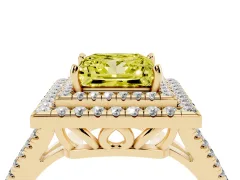 Fancy Yellow Princess Cut Diamond Double Halo Ring Set in Yellow gold with Pavé Band