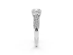 Cushion Cut Diamond Pavé Band Solitaire Ring Set in White gold with Close-Set Accent Stones and Prong Setting