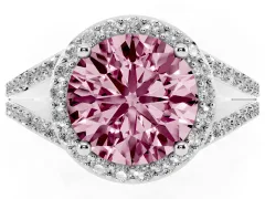 Fancy Pink Round Cut Diamond Halo Split Shank Ring Set in White gold with Accent Stones and Prong Setting