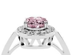 Fancy Pink Oval Cut Diamond Halo Ring Set in Silver with Accent-Lined Split Shank and Prong Setting