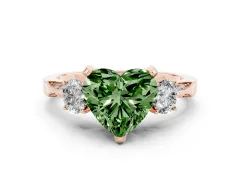 Fancy Green Heart Cut Diamond Three-Stone Ring Set in Rose gold with Pavé Band and Smaller Side Stones