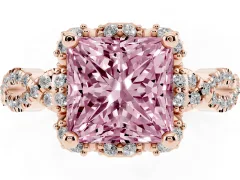 Fancy Pink Princess Cut Diamond Halo Twist Band Solitaire Ring Set in Rose gold with Prong-Set Center Stone