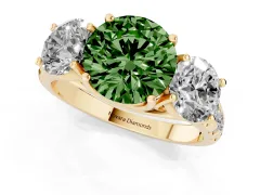 Fancy Green Round Cut Diamond Three-Stone Ring Set in Yellow gold with Pavé Band