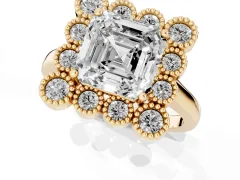 Asscher Cut Diamond Cluster Halo Ring Set in Yellow gold with Milgrain Bezel Accents and Plain Band