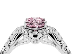 Fancy Pink Oval Cut Diamond Solitaire Ring Set in White gold with Hidden Halo and Pavé Band