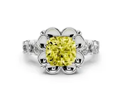 Fancy Yellow Cushion Cut Diamond Floral Halo Ring Set in Silver with Shared Prong Band