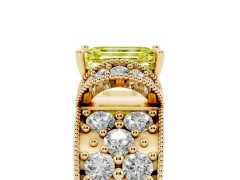 Fancy Yellow Emerald Cut Diamond Milgrain Halo Pavé Engagement Ring Set in Yellow gold with Prong Setting