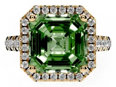 Fancy Green Asscher Cut Diamond Halo Engagement Ring Set in Yellow gold with Pavé Band and Prong-Set Center