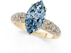 Fancy Blue Marquise Cut Diamond Pavé Band Solitaire Ring Set in Yellow gold with Close-Set Accent Stones and Prong Setting