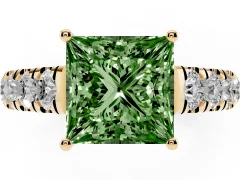 Fancy Green Princess Cut Diamond Solitaire Ring Set in Yellow gold with Cut-Down Micro Pavé Band and Prong Setting