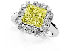 Fancy Yellow Princess Cut Diamond Halo Cluster Engagement Ring Set in White gold with Polished Band and Prong Setting