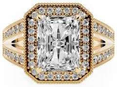 Radiant Cut Diamond Halo Ring Set in Yellow gold with Stone-Set Split Shank and Milgrain Edges