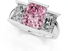 Fancy Pink Radiant Cut Diamond Three-Stone Channel Set Ring Set in Silver with Smooth Polished Band