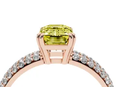 Fancy Yellow Emerald Cut Diamond Solitaire Ring Set in Rose gold with Multi-Row Round Pavé Band and Prong Setting