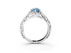 Fancy Blue Marquise Cut Diamond Halo Ring Set in Platinum with Filigree Leaf Band and Prong Setting
