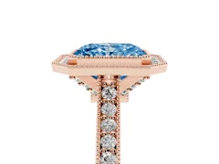 Fancy Blue Radiant Cut Diamond Halo Milgrain Pavé Band Ring Set in Rose gold with Prong Setting