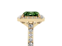 Fancy Green Asscher Cut Diamond Halo Engagement Ring Set in Yellow gold with Round Pavé Shoulders and Heart Gallery