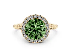 Fancy Green Round Cut Diamond Halo Ring Set in Yellow gold with Plain Twisted Band