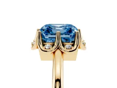 Fancy Blue Asscher Cut Diamond Round Cluster Halo Ring Set in Yellow gold with Solitaire Band and Prong Setting