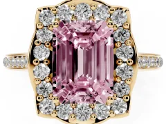 Fancy Pink Emerald Cut Diamond Halo Ring Set in Yellow gold with Pavé-Lined Shoulders and Prong Setting