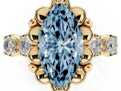 Fancy Blue Marquise Cut Diamond Floral Halo Ring Set in Yellow gold with Shared Prong Band