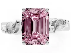 Fancy Pink Emerald Cut Diamond Vine Band Solitaire Ring Set in White gold with Milgrain Prong Setting