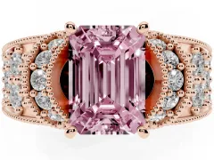 Fancy Pink Emerald Cut Diamond Milgrain Halo Pavé Engagement Ring Set in Rose gold with Prong Setting