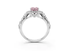 Fancy Pink Oval Cut Diamond Solitaire Ring Set in White gold with Hidden Halo and Pavé Band