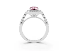 Fancy Pink Emerald Cut Diamond Milgrain Halo Solitaire Ring Set in White gold with Bezel Set Side Stones and Pavé Band