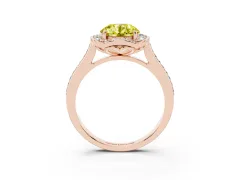 Fancy Yellow Round Cut Diamond Halo Ring Set in Rose gold with Pavé-Lined Shoulders and Prong Setting