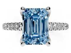 Fancy Blue Emerald Cut Diamond Solitaire Ring Set in Silver with Brilliant Pavé Band and Prong Setting